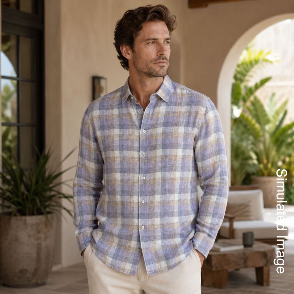 Zachary Prell Shirt Mens M 100% Linen Blue Tan Plaid Long Sleeve Button U